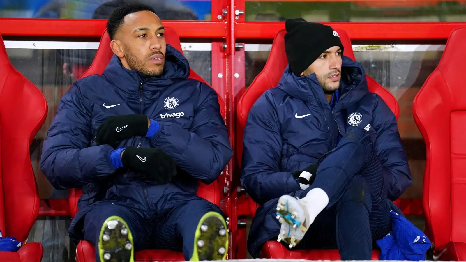 Chelsea striker Pierre-Emerick Aubameyang sits on the bench