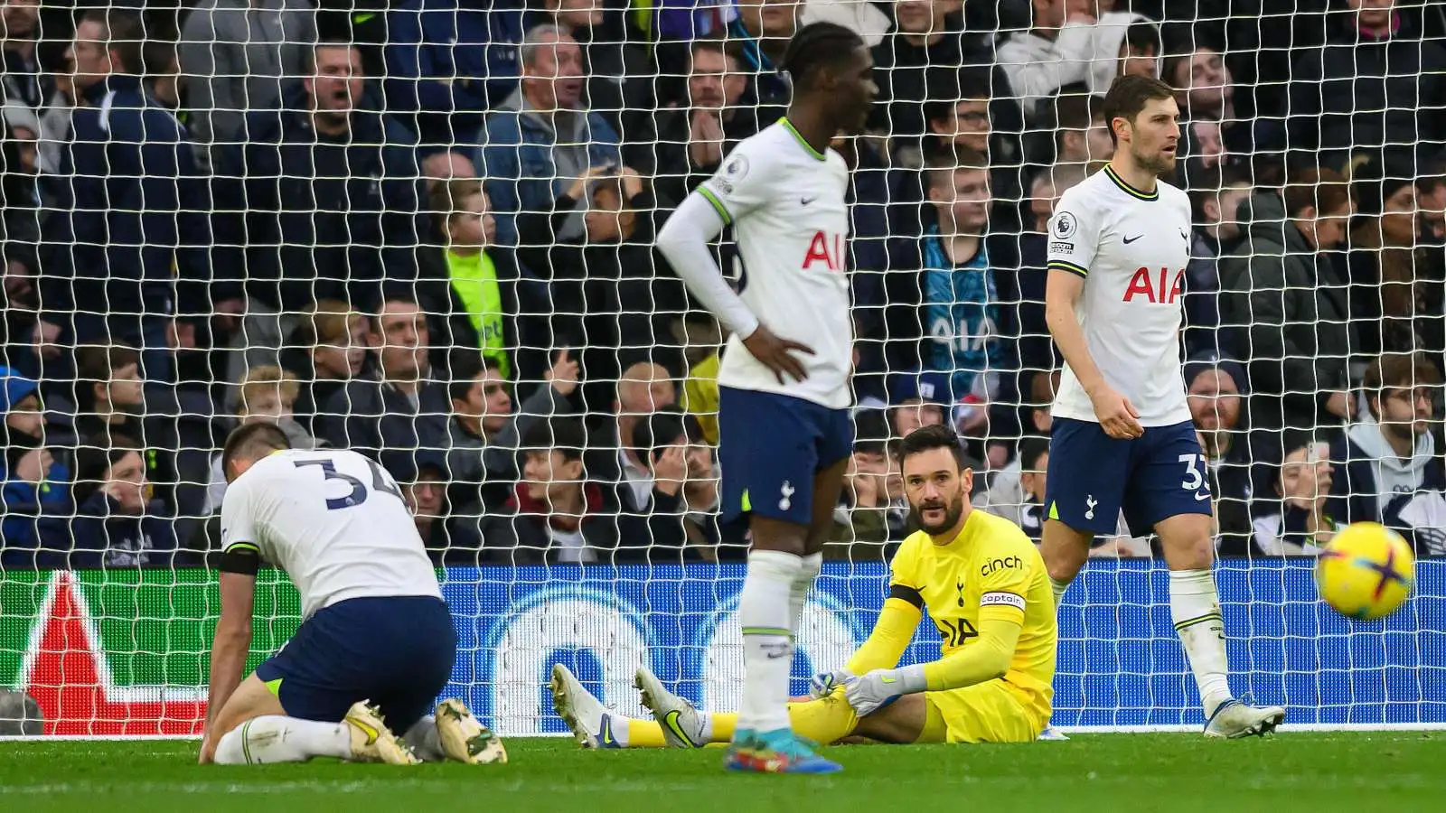 Hugo Lloris looks dejected after a mistake to allow Aston Villa to score in their Premier League win over Tottenham