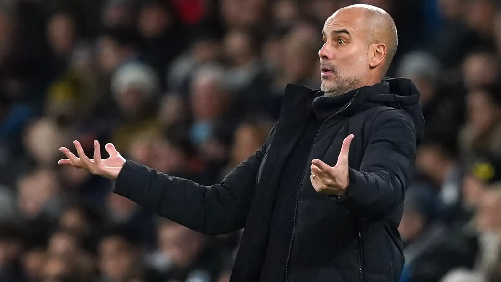 Pep Guardiola urges on his Manchester City team during the win over Tottenham.