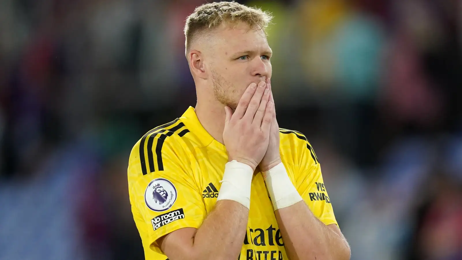 Aaron Ramsdale celebrates Arsenal's win over Crystal Palace on the opening day of the season.