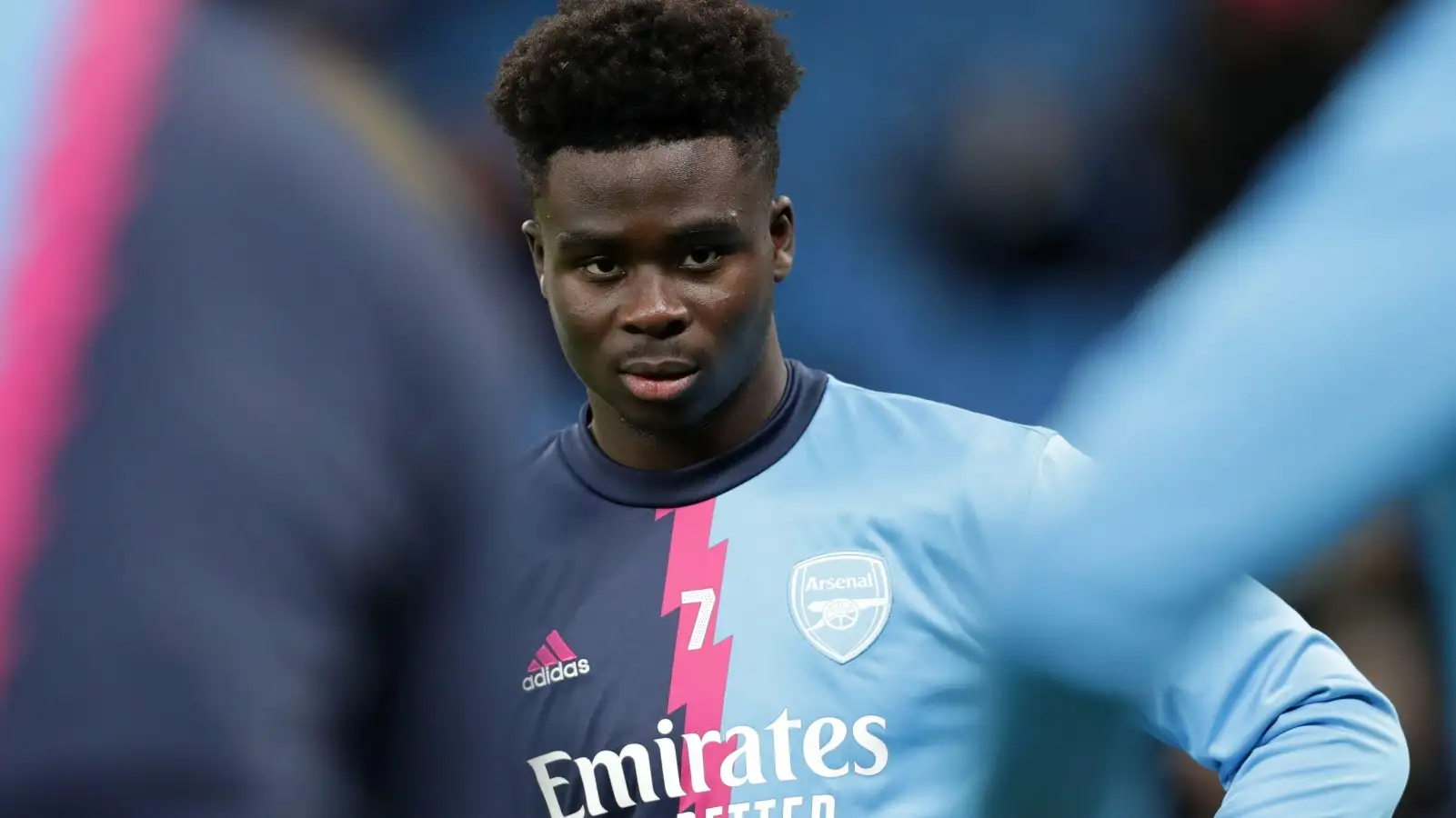 Bukayo Saka during the warm-up before Arsenal's FA Cup defeat at Manchester City.