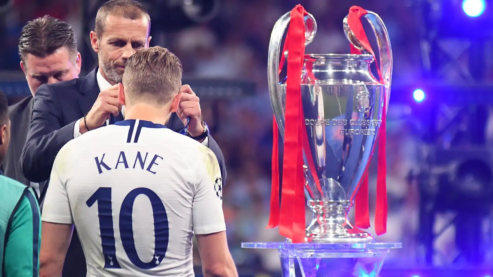 Harry Kane is presented with his medal after Tottenham are defeated by Liverpool in the 2019 Champions League final.