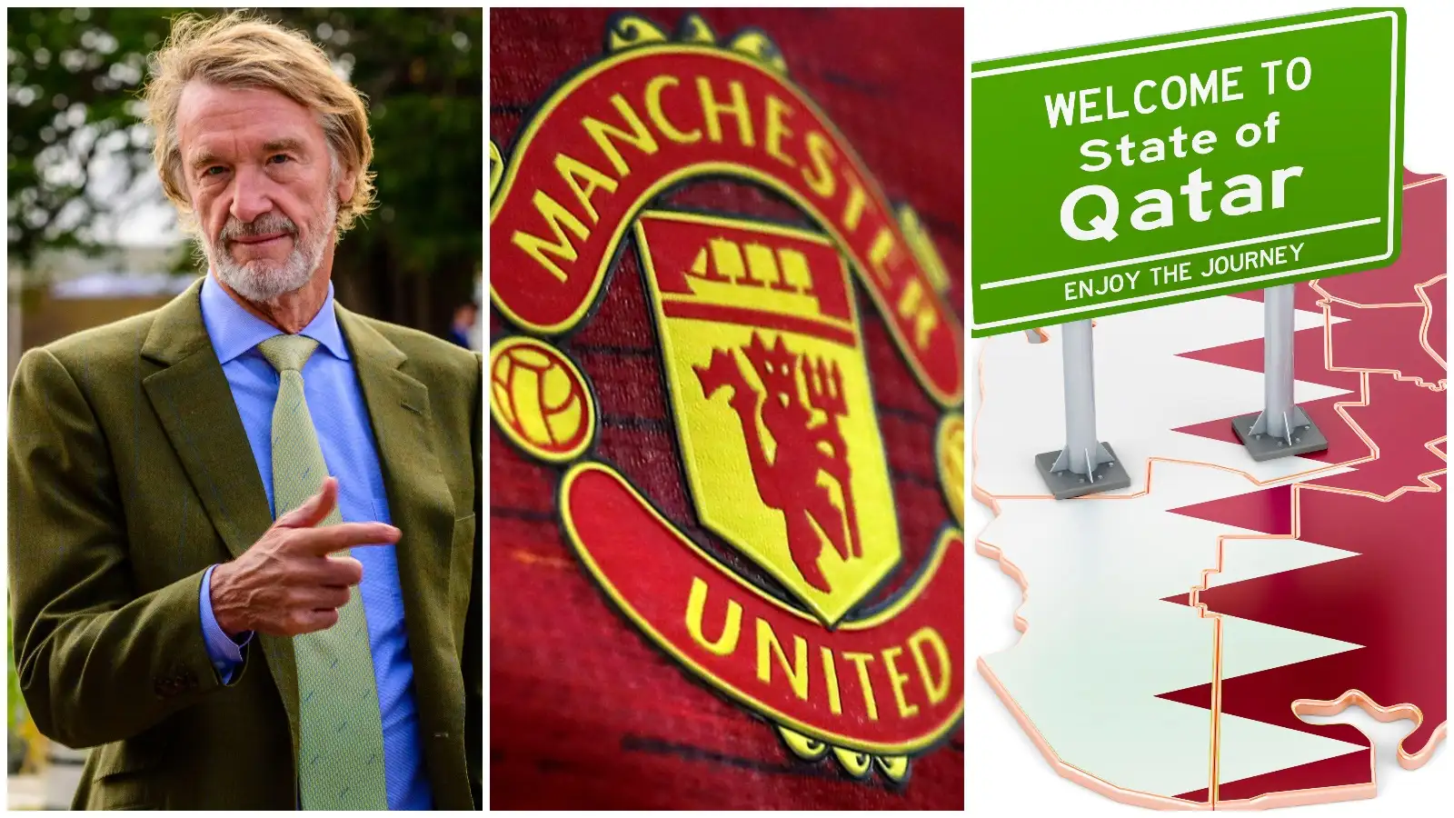 The Manchester United badge flanked by Sir Jim Ratcliffe and a 'Welcome to Qatar' sign.