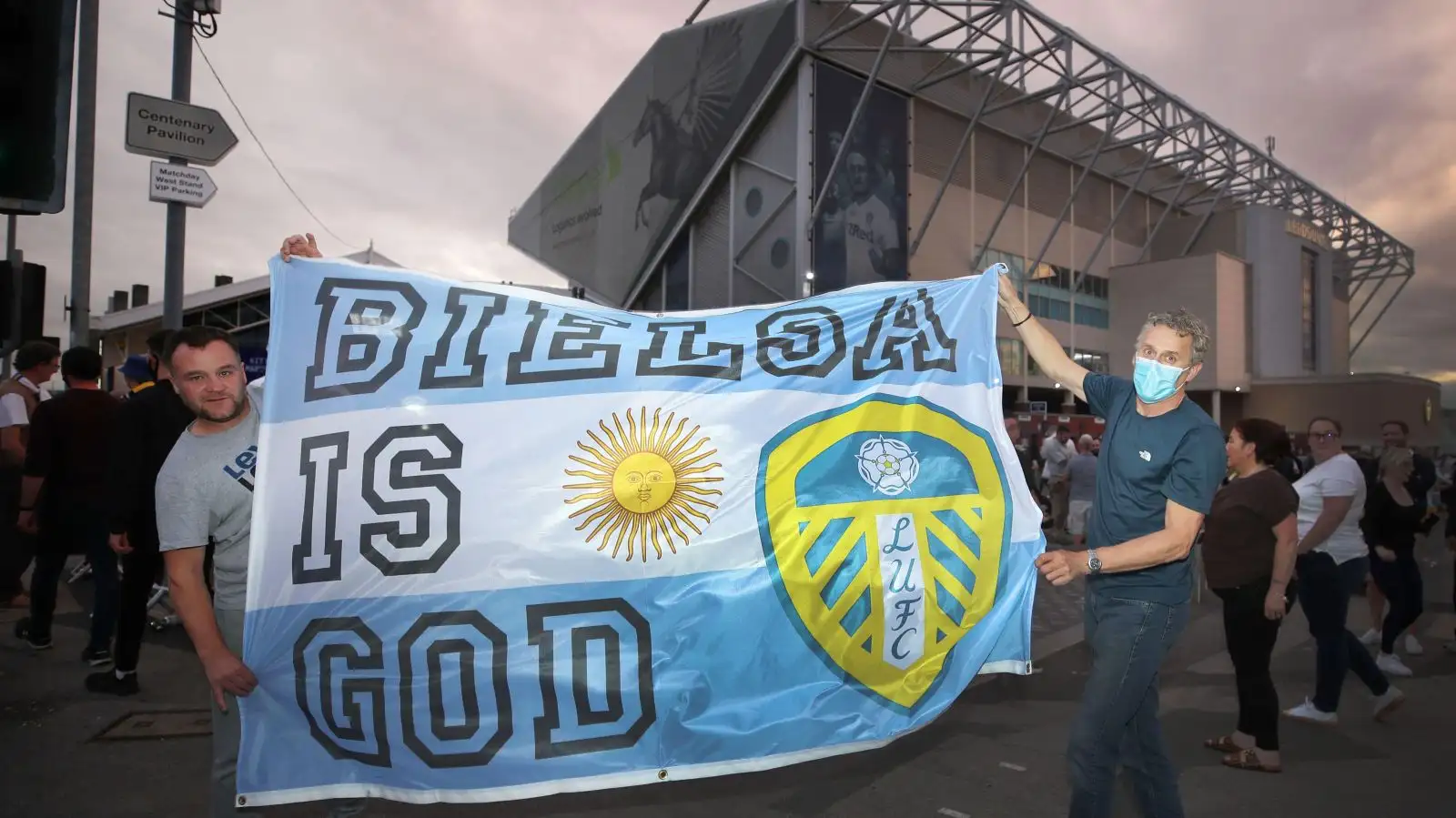 Leeds supporters hold a banner