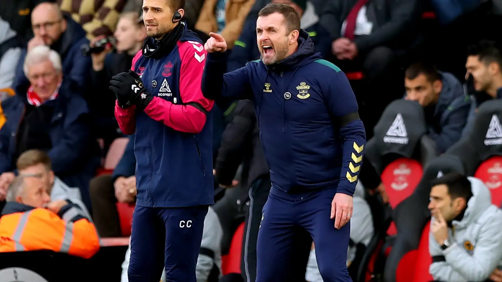 Nathan Jones shouts at his Southampton players during the defeat to Wolves.