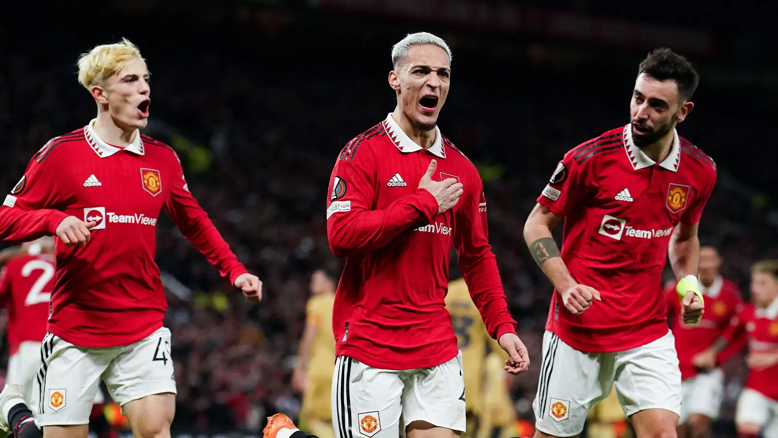 Manchester United's Antony celebrates scoring their side's second goal of the game during the UEFA Europa League playoff match at Old Trafford, Manchester. Picture date: Thursday February 23, 2023.