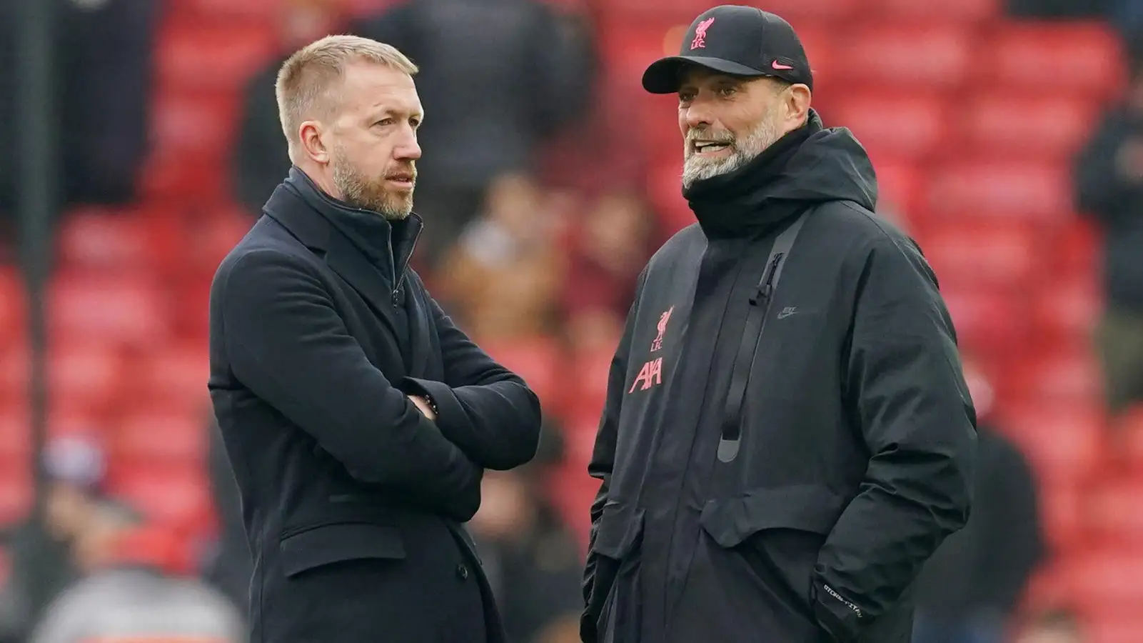 Graham Potter and Jurgen Klopp in conversation before Liverpool face Chelsea in the Premier League.