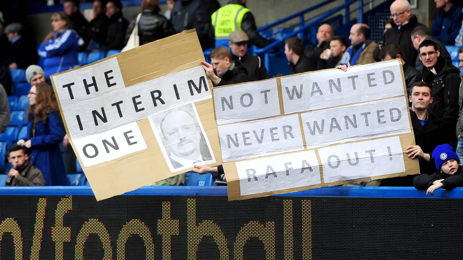 Chelsea fans display banners protesting interim manager Rafa Benitez in 2013