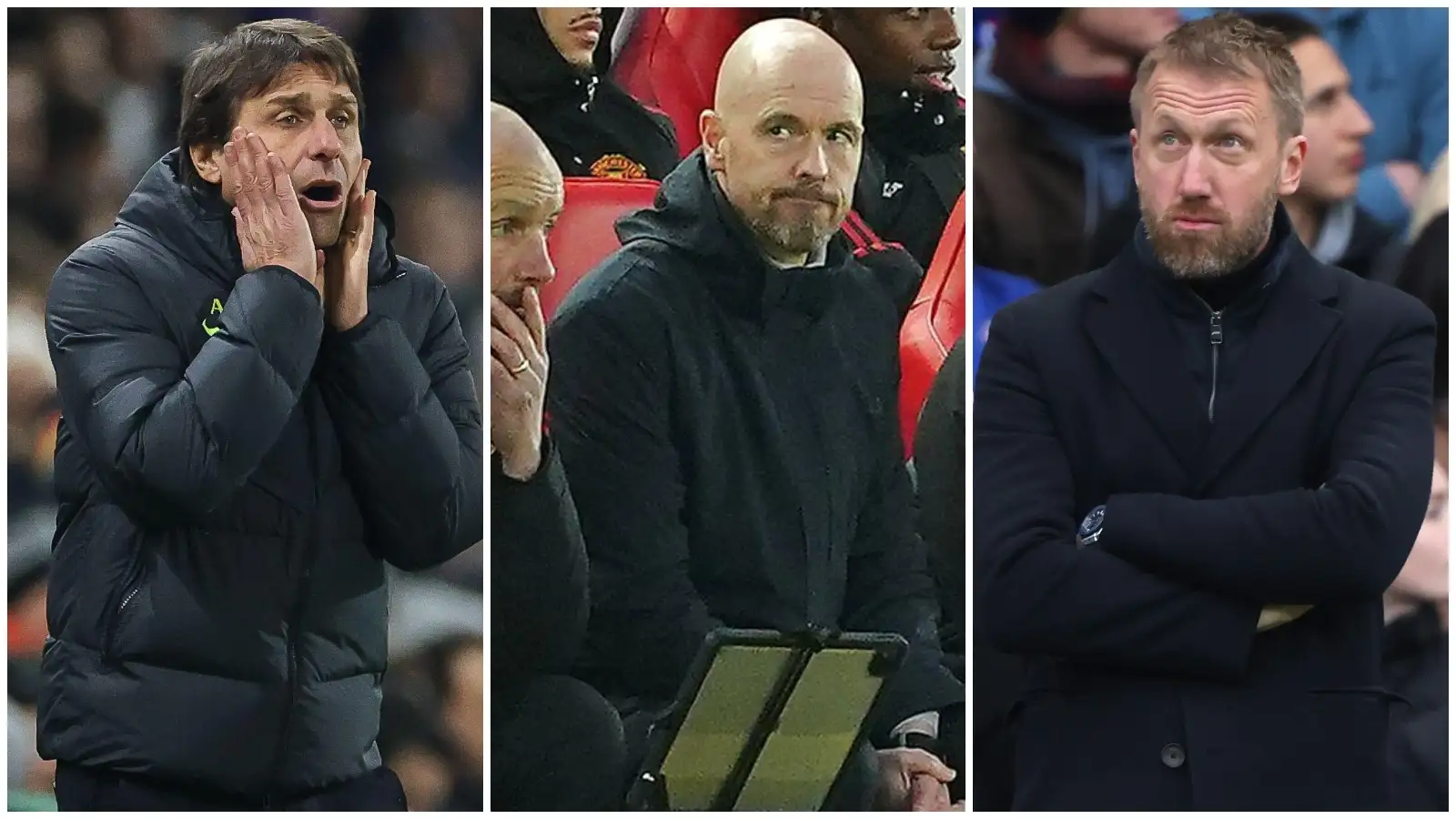 Tottenham manager Antonio Conte, Man Utd boss Erik ten Hag, and Chelsea coach Graham Potter.