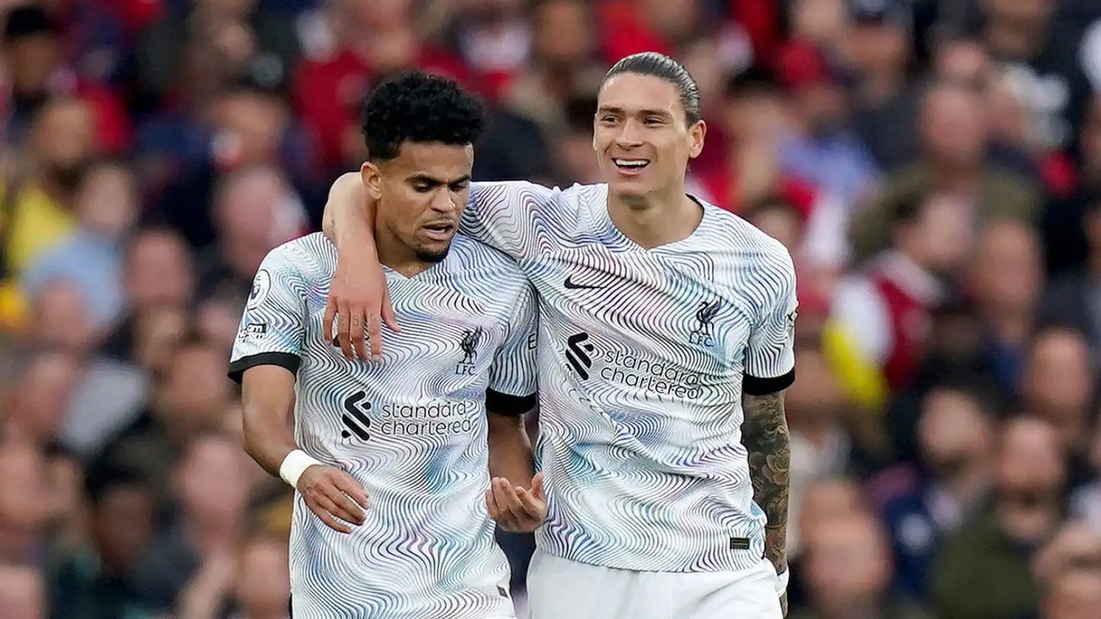 Liverpool duo Luis Diaz and Darwin Nunez after scoring a goal against Arsenal