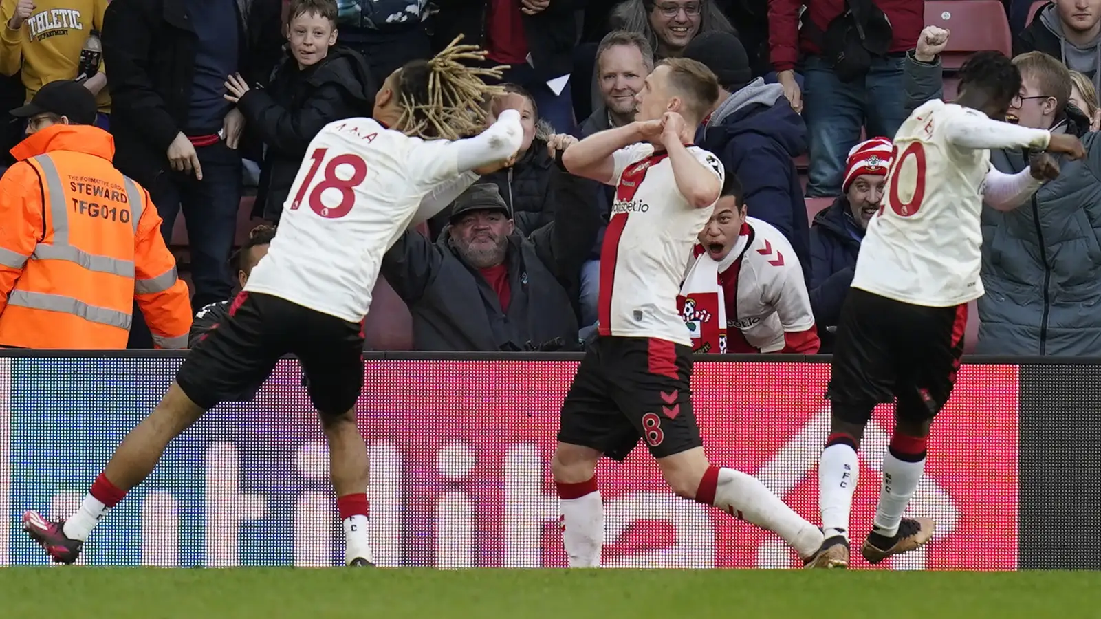 James Ward-Prowse celebrates scoring a late equaliser for Southampton against Tottenham.