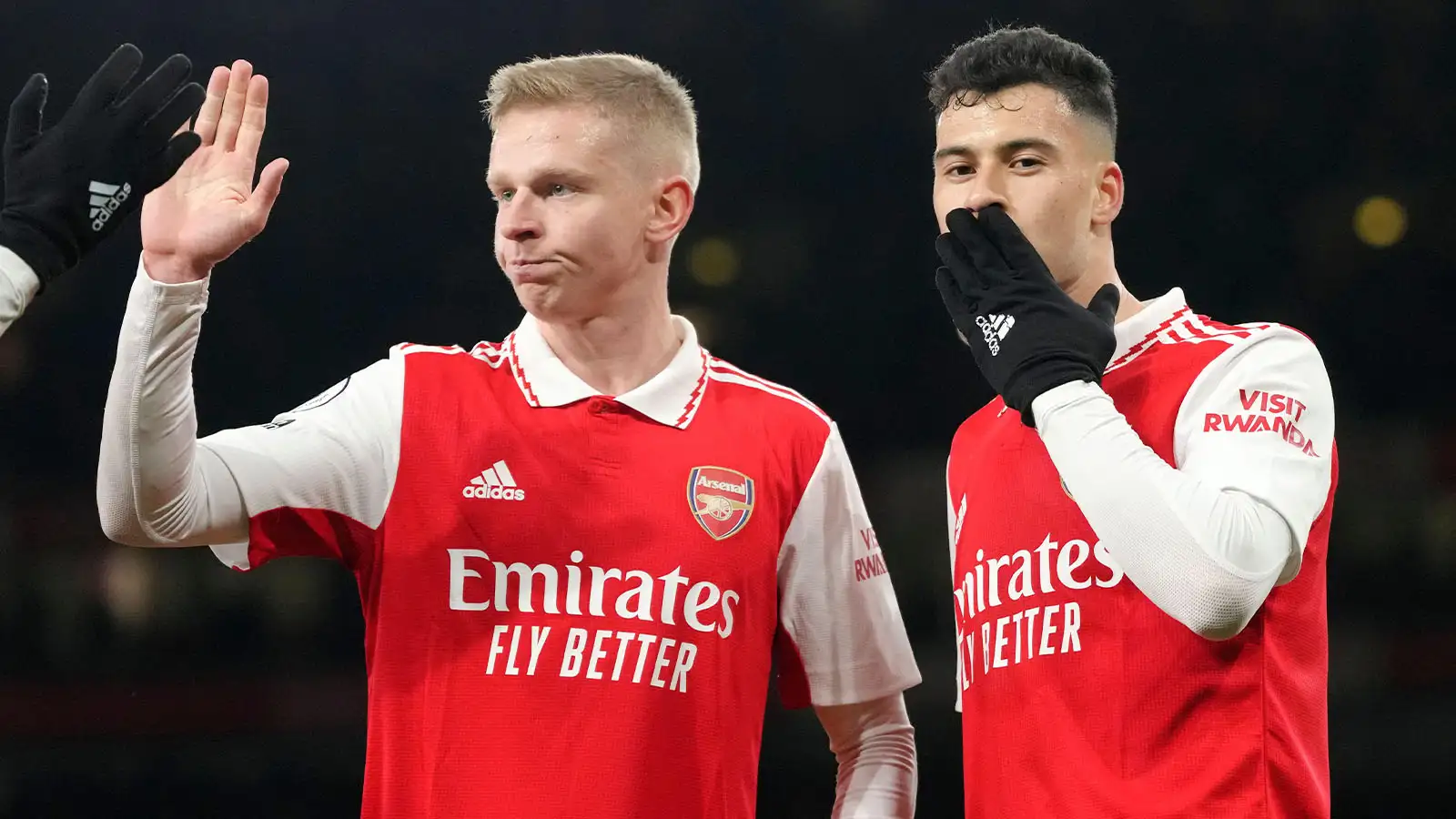 Arsenal's Gabriel Martinelli, right, celebrates with Oleksandr Zinchenko after scoring his side's fourth goal during the English Premier League soccer match between Arsenal and Everton at the Emirates stadium in London, Wednesday, March 1, 2023