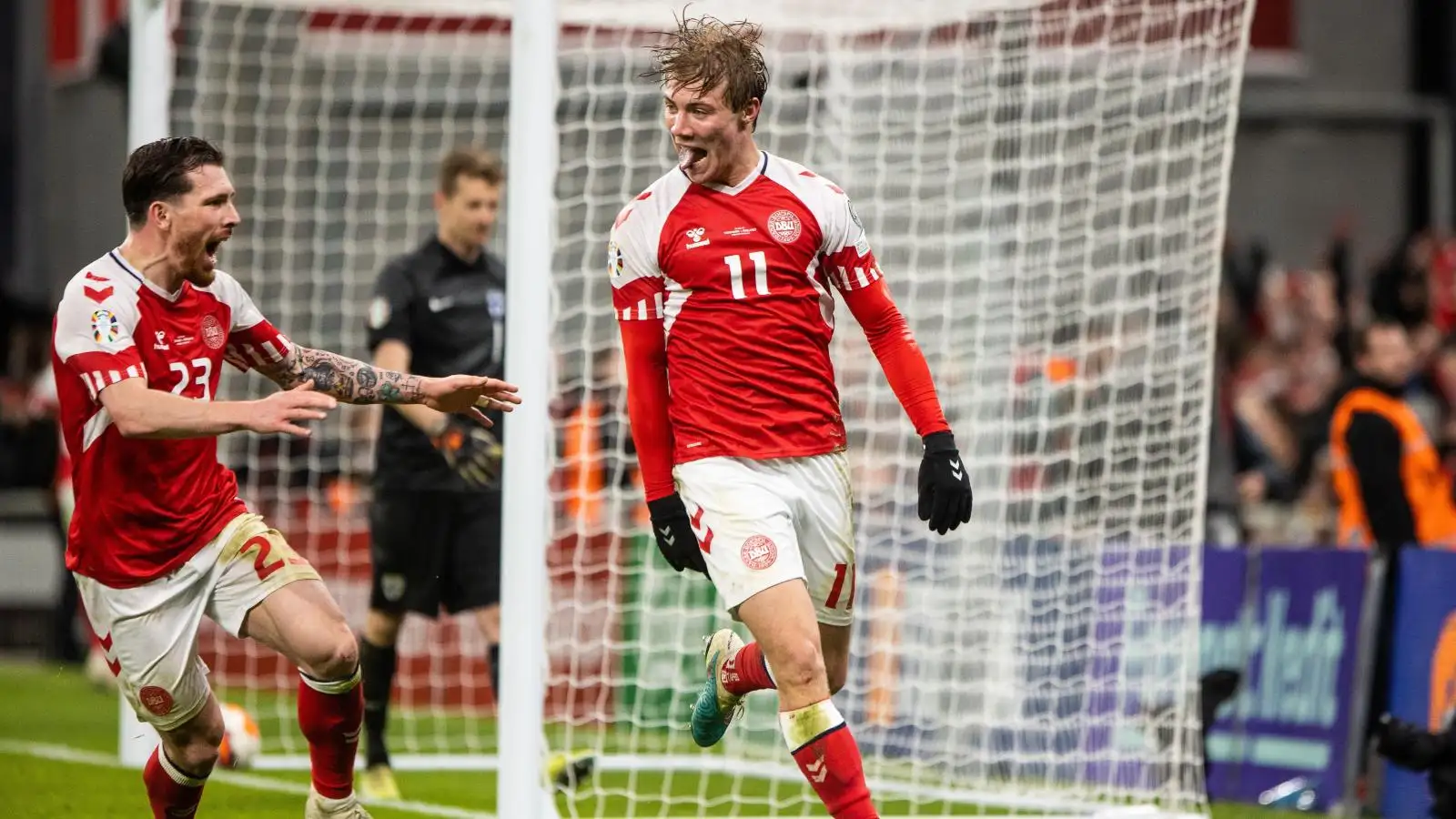 Man Utd target Rasmus Hojlund celebrates scoring a goal