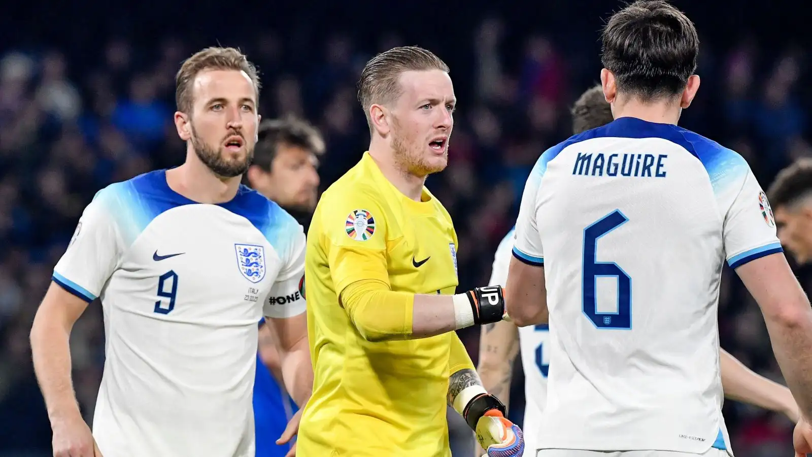Harry Kane, Jordan Pickford and Harry Maguire in action for England against Italy