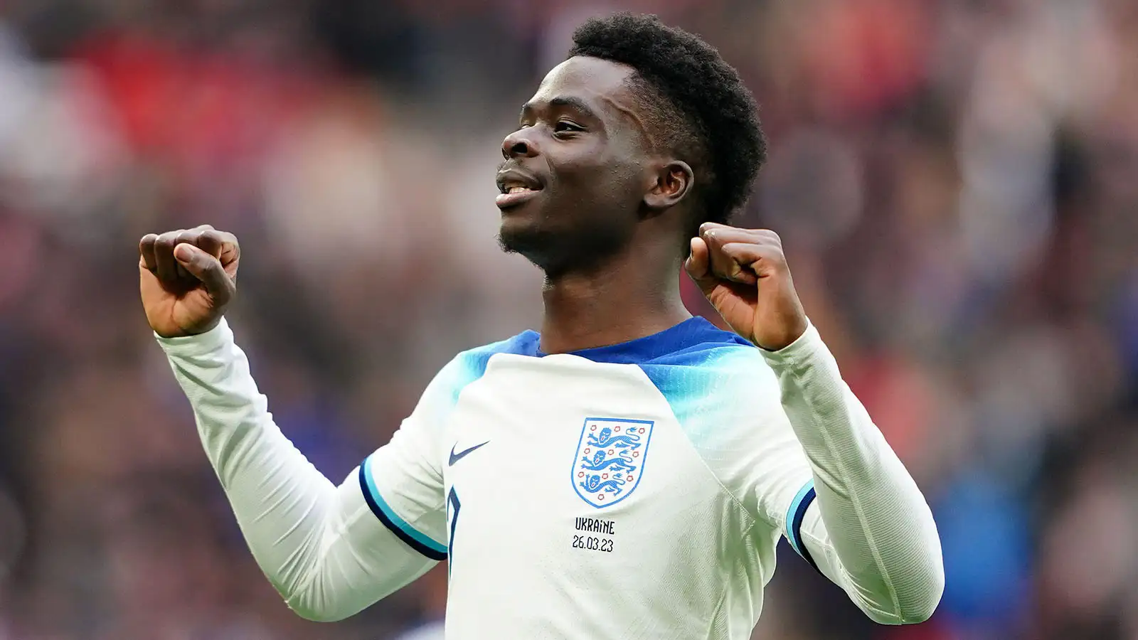 England's Bukayo Saka celebrates scoring their side's second goal of the game during the UEFA Euro 2024 Group C qualifying match at Wembley Stadium, London. Picture date: Sunday March 26, 2023.