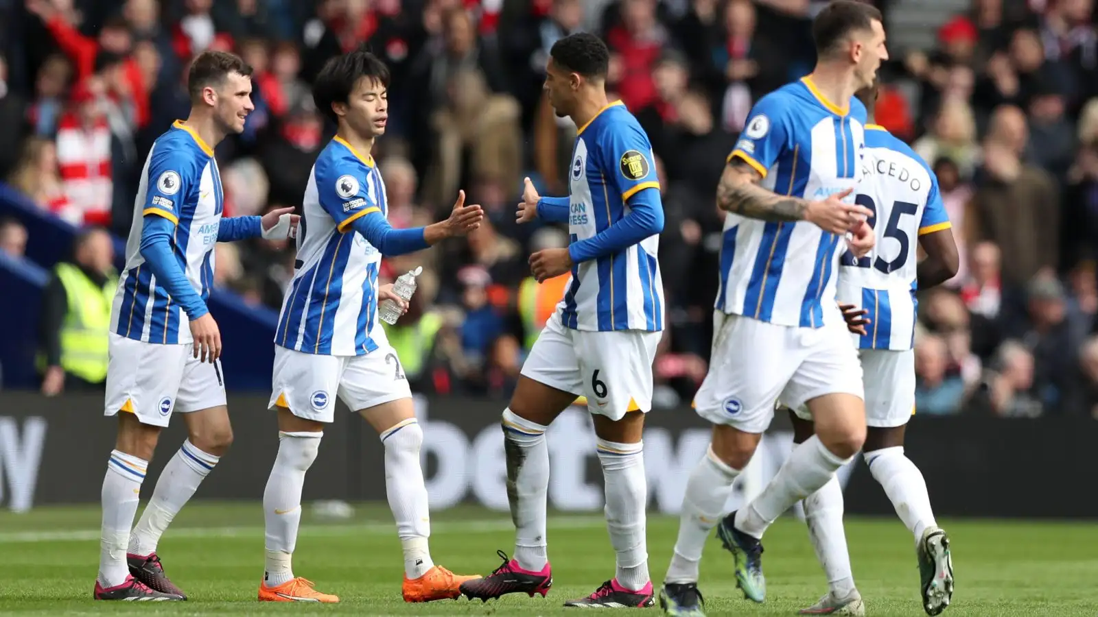Former Celtic target Kaoru Mitoma celebrates his goal with his Brighton teammates