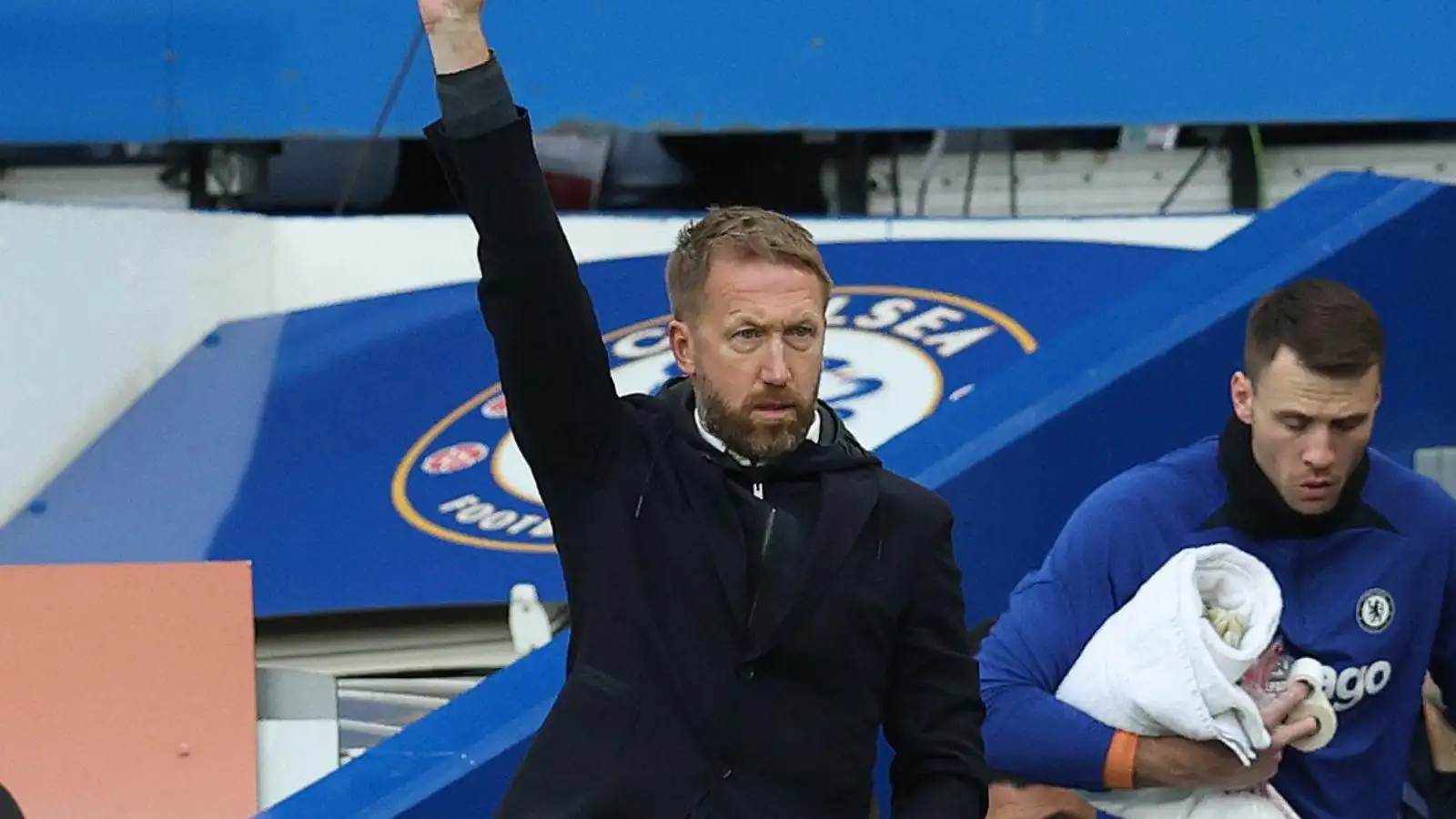 Chelsea boss Graham Potter puts his arm in the air