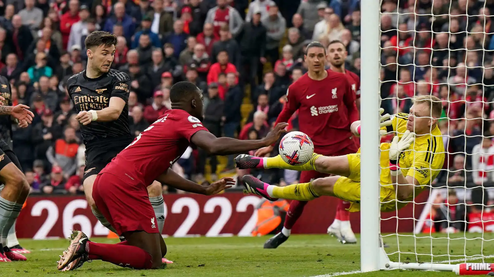 Aaron Ramsdale saves for Arsenal against Liverpool in the Premier League