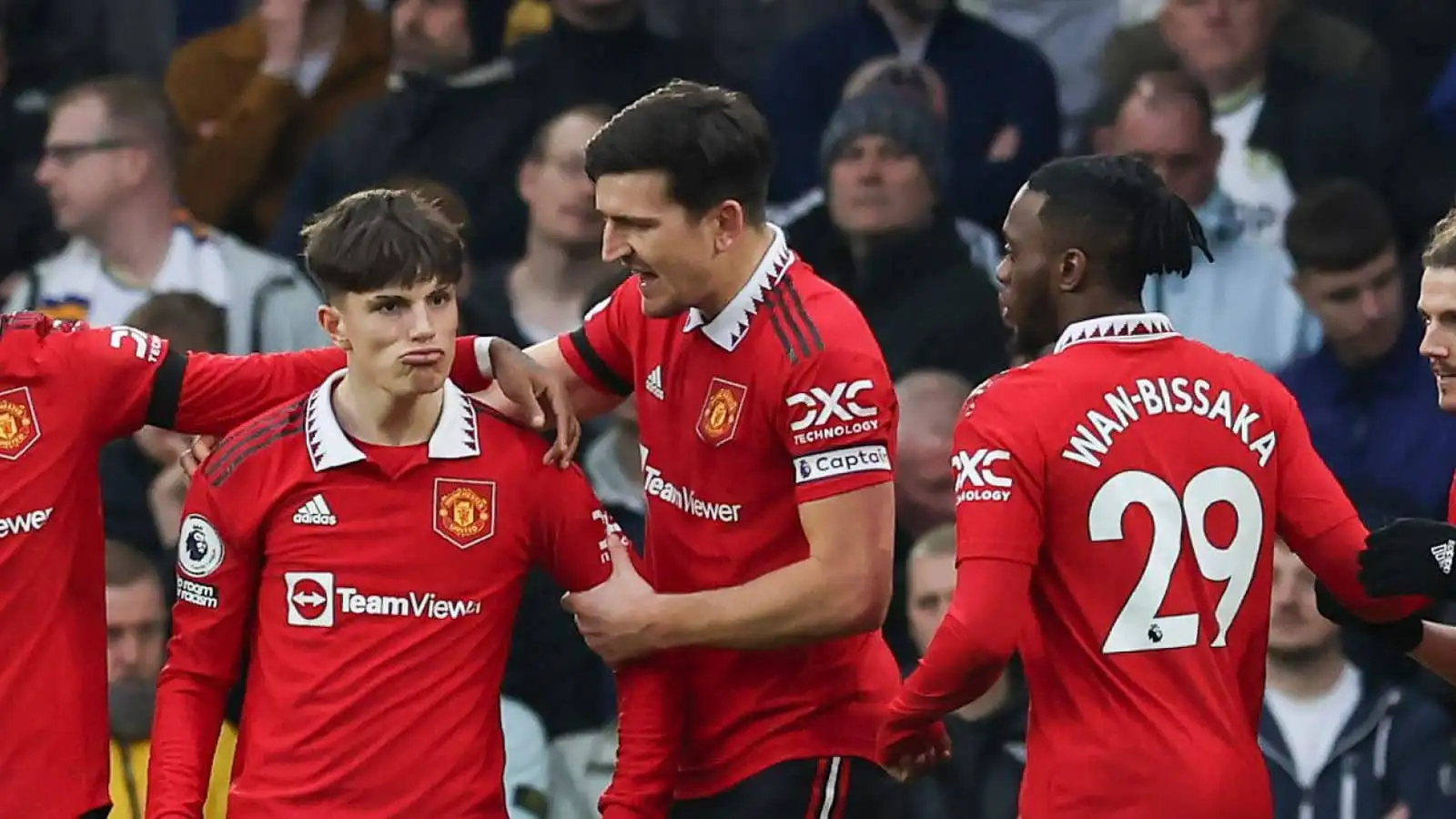 Aaron Wan-Bissaka, Harry Maguire, Alejandro Garnacho, Manchester United, February 2023