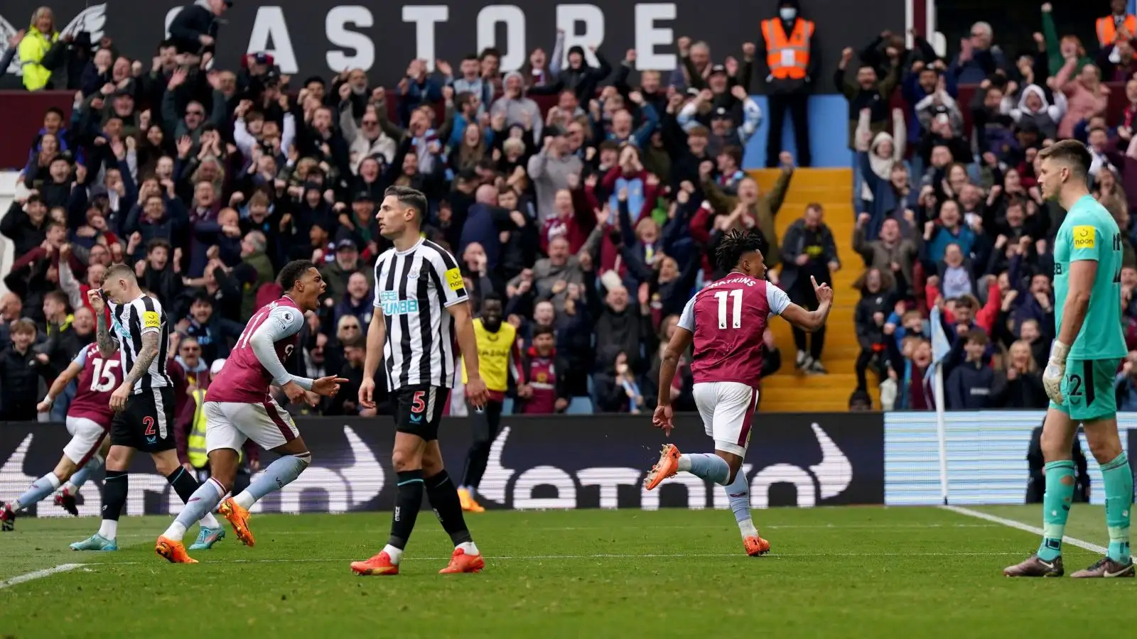 Aston Villa striker Ollie Watkins celebrates his goal against Newcastle