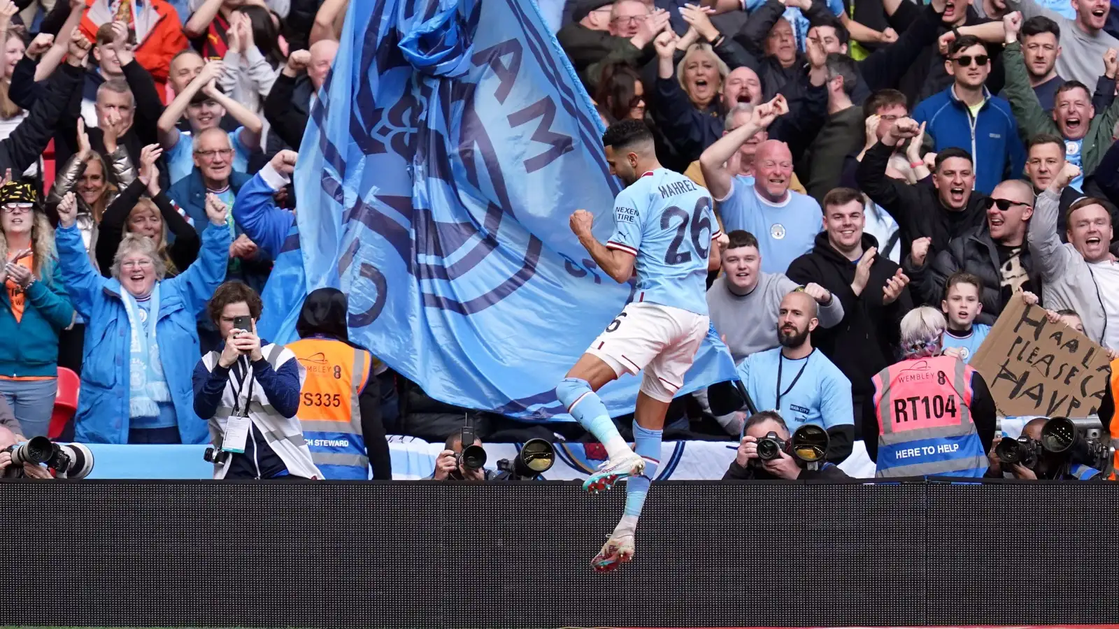 Riyad Mahrez celebrates his second goal for Man City in the FA Cup final against Sheffield United
