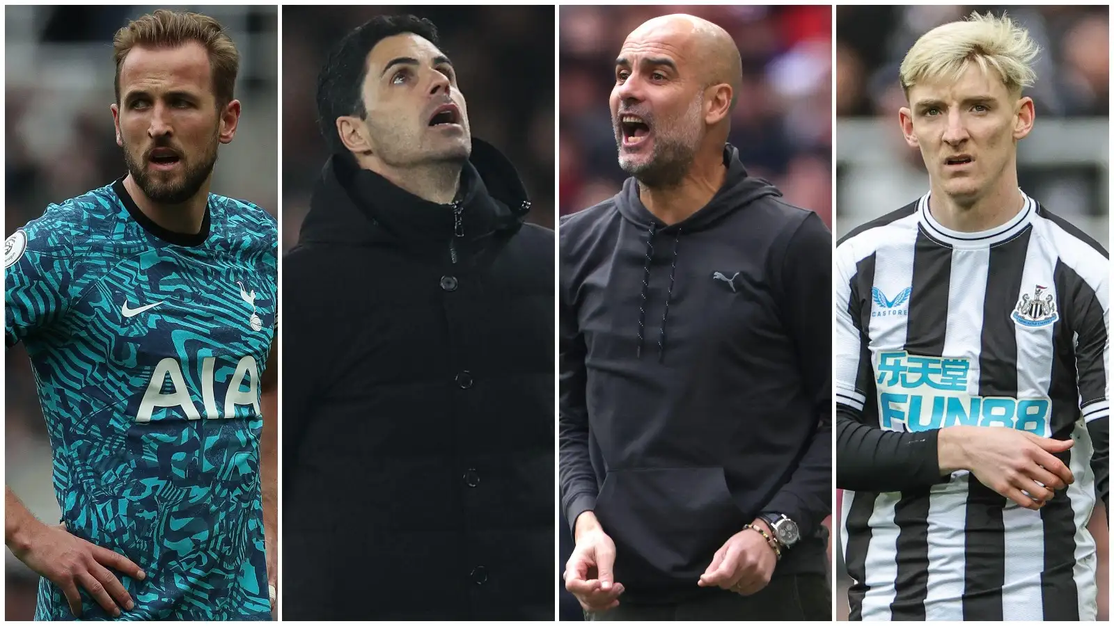 Tottenham striker Harry Kane, Arsenal manager Mikel Arteta, Manchester City boss Pep Guardiola, Newcastle winger Anthony Gordon.