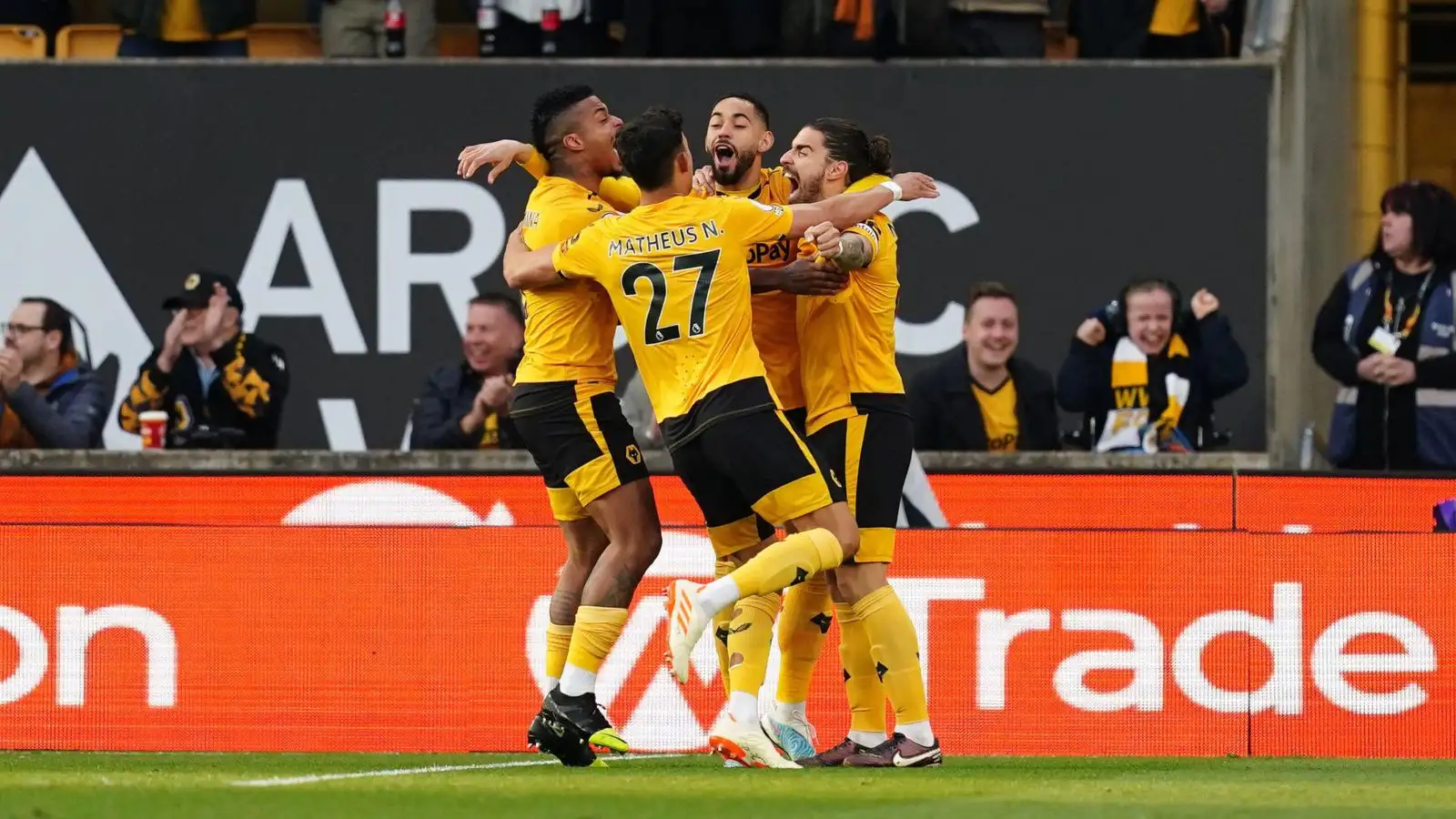 Wolves players celebrate Joachim Andersen's own goal