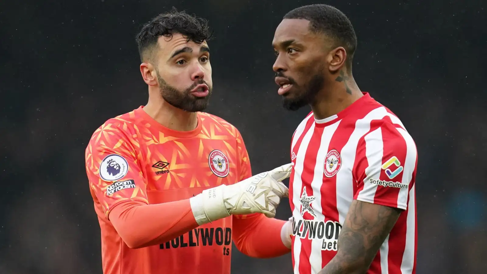 Man Utd target Raya and Ivan Toney in discussion during Brentford's match at Everton.