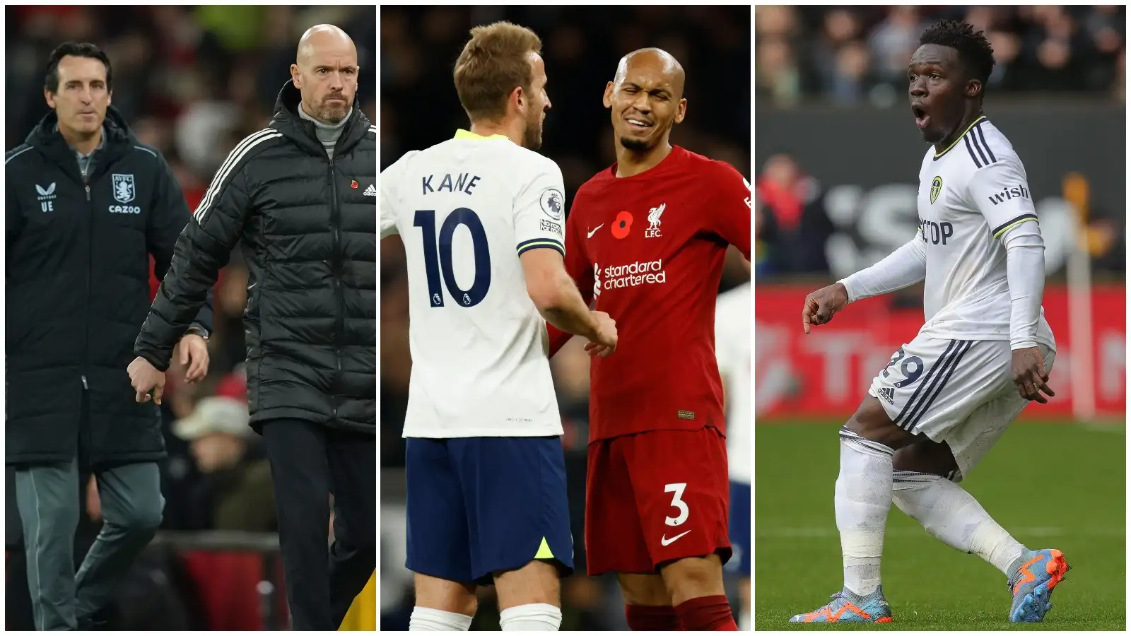 Aston Villa manager Unai Emery, Man Utd boss Erik ten Hag, Tottenham striker Harry Kane, Liverpool's Fabinho and Leeds winger Willy Gnonto.