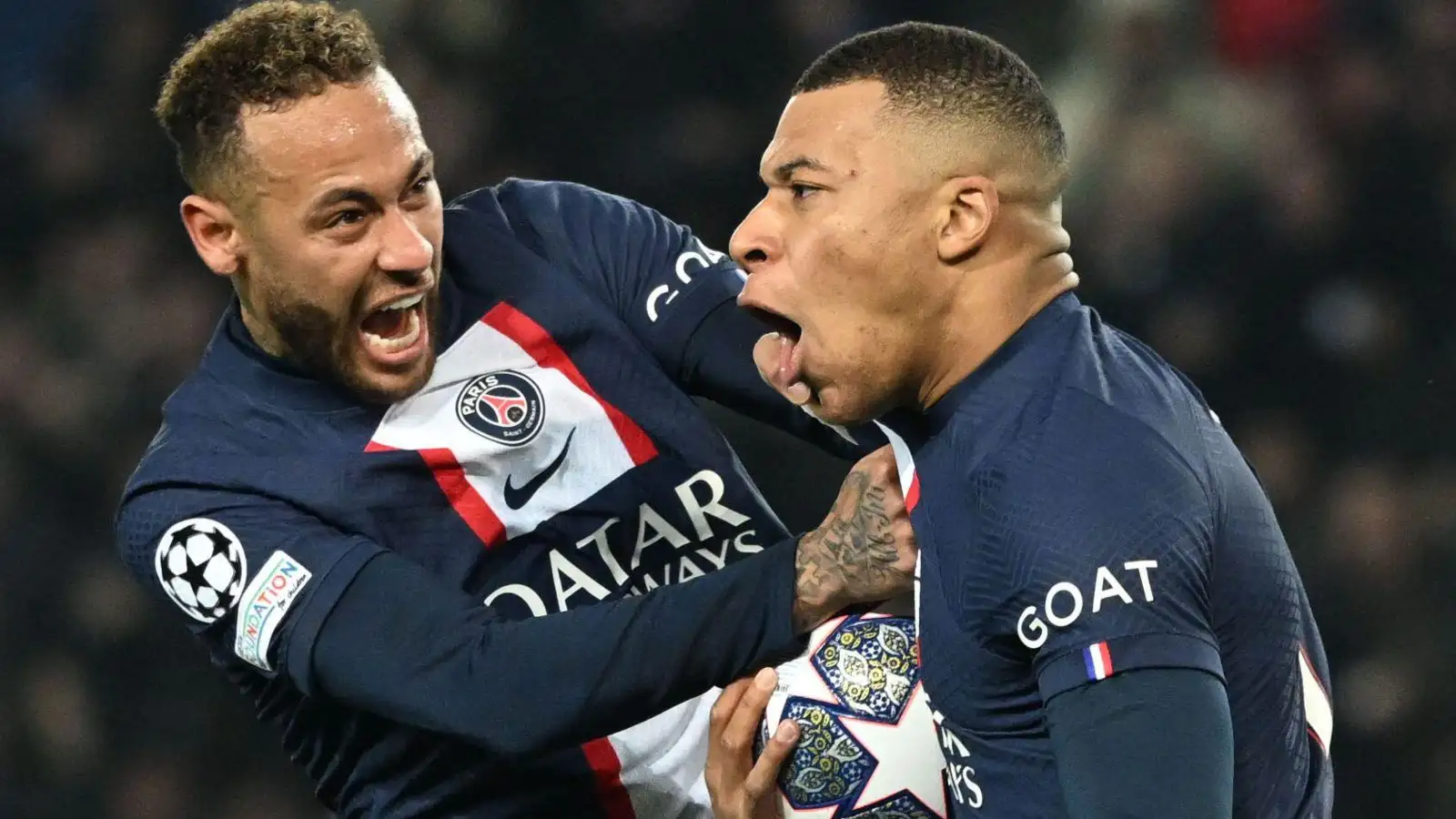 PSG forward Neymar celebrates a goal with Kylian Mbappe