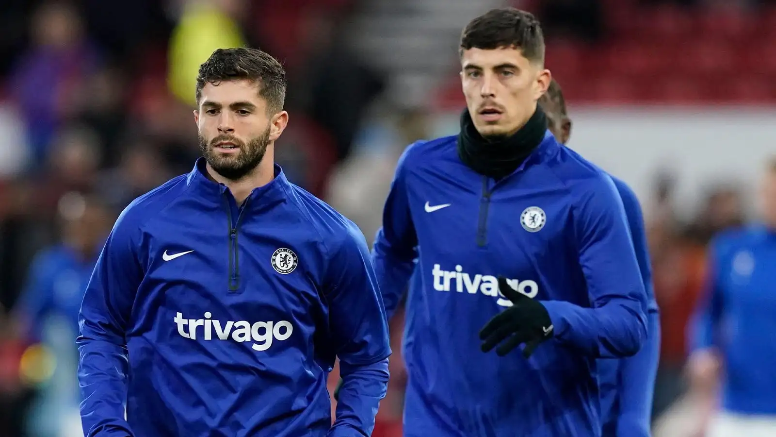 Christian Pulisic and Kai Havertz of Chelsea warm up before the Premier League match at the City Ground, Nottingham.