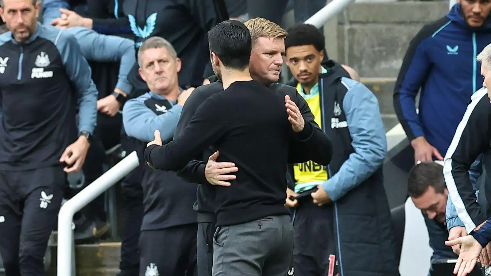 Arsenal manager Mikel Arteta embraces Newcastle boss Eddie Howe