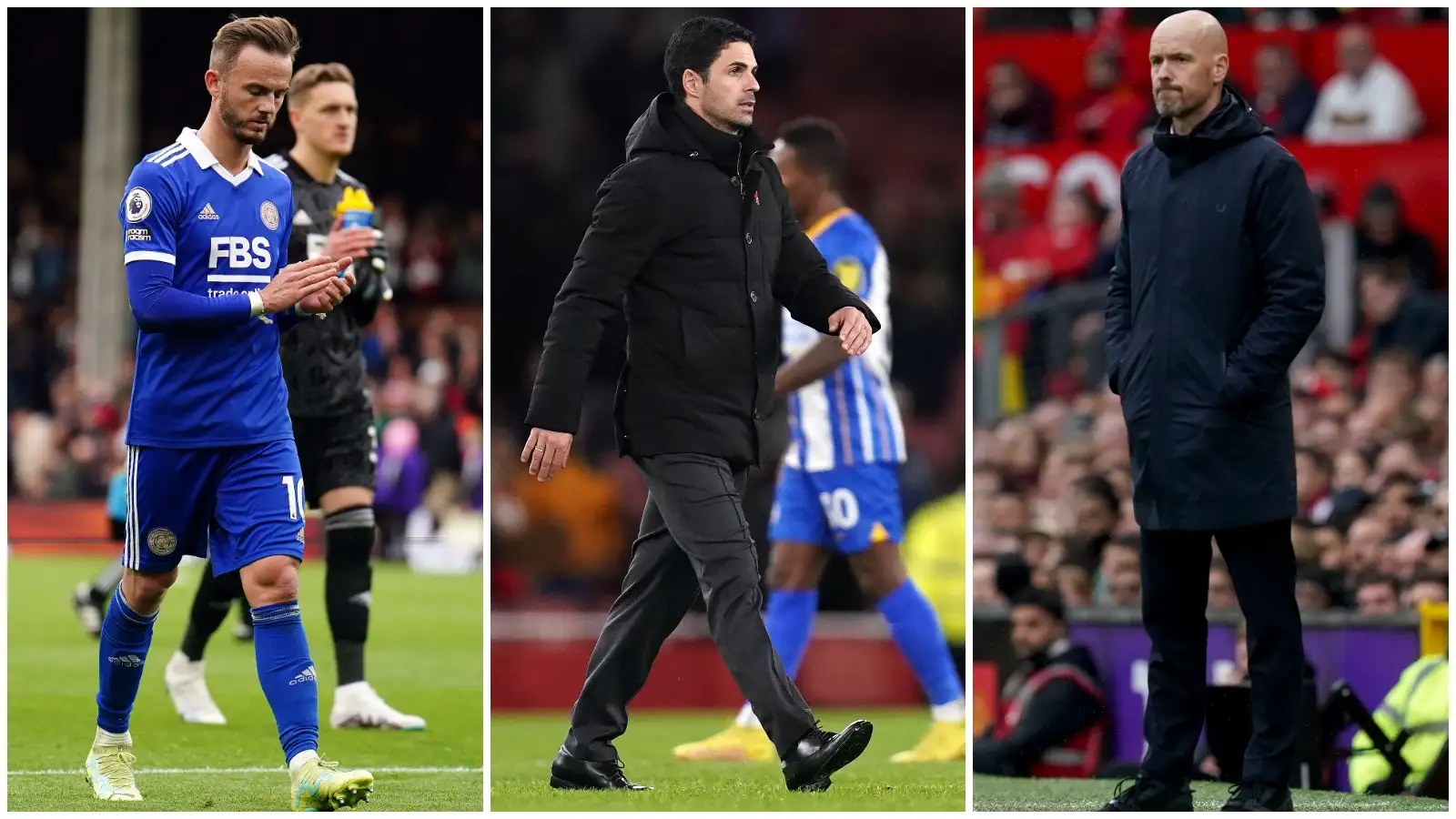 Leicester midfielder James Maddison, Arsenal manager Mikel Arteta, and Manchester United boss Erik ten Hag.