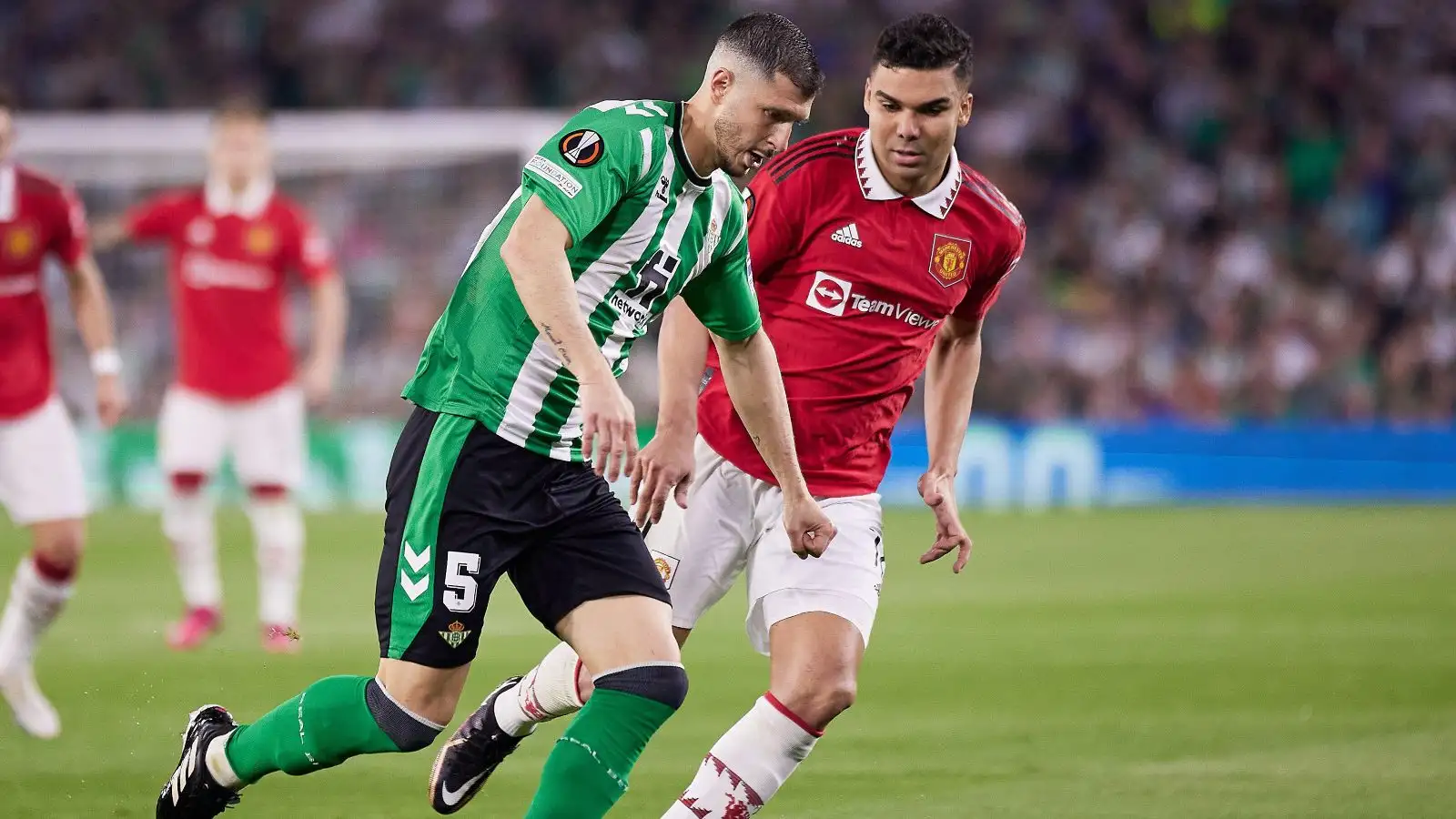 Man Utd midfielder Casemiro and Guido Rodriguez during a Europa League match