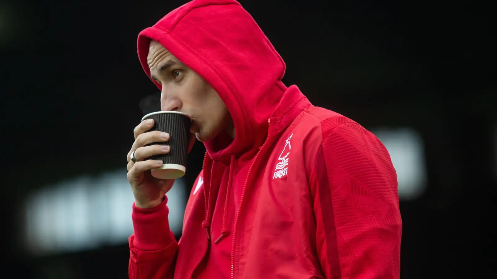 Nottingham Forest midfielder Jonjo Shelvey sips his drink before a Premier League match against Fulham