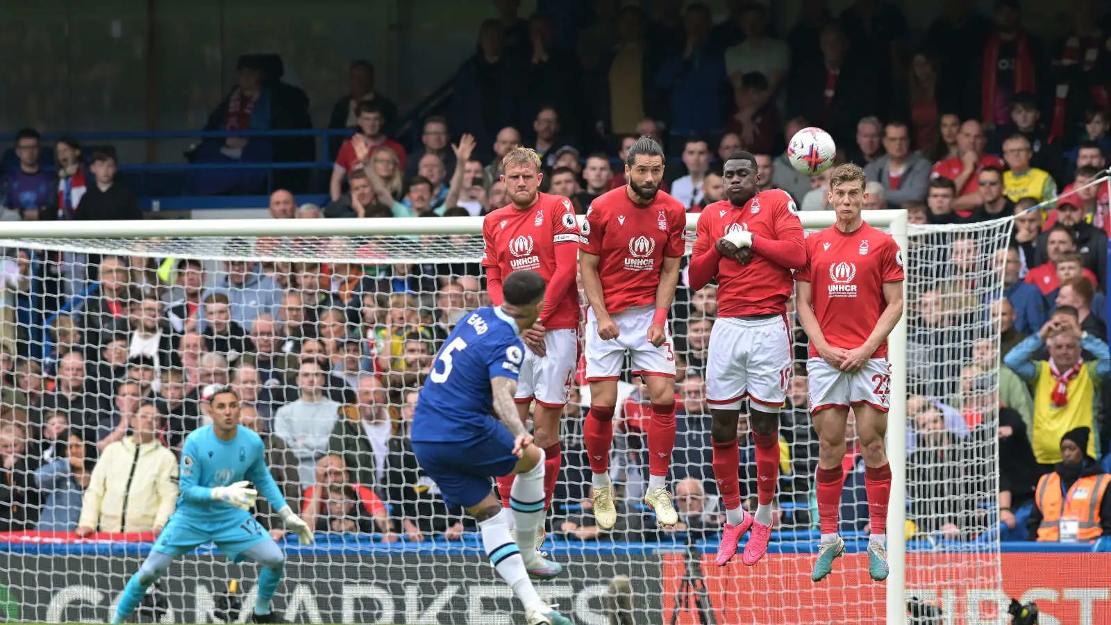 Enzo Fernandez attempts a free-kick for Chelsea against Nottingham Forest in the Premier League