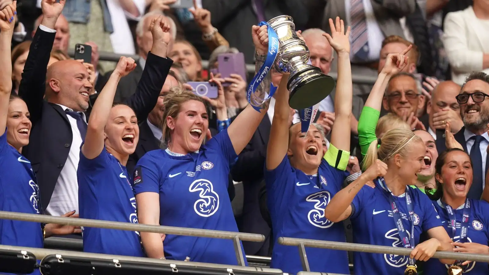 Chelsea captain Mille Bright lifts the FA Cup trophy