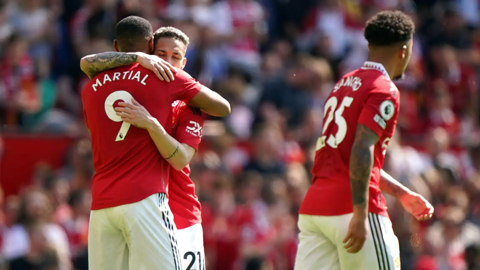 Man Utd striker Anthony Martial celebrates his goal against Wolves with Antony