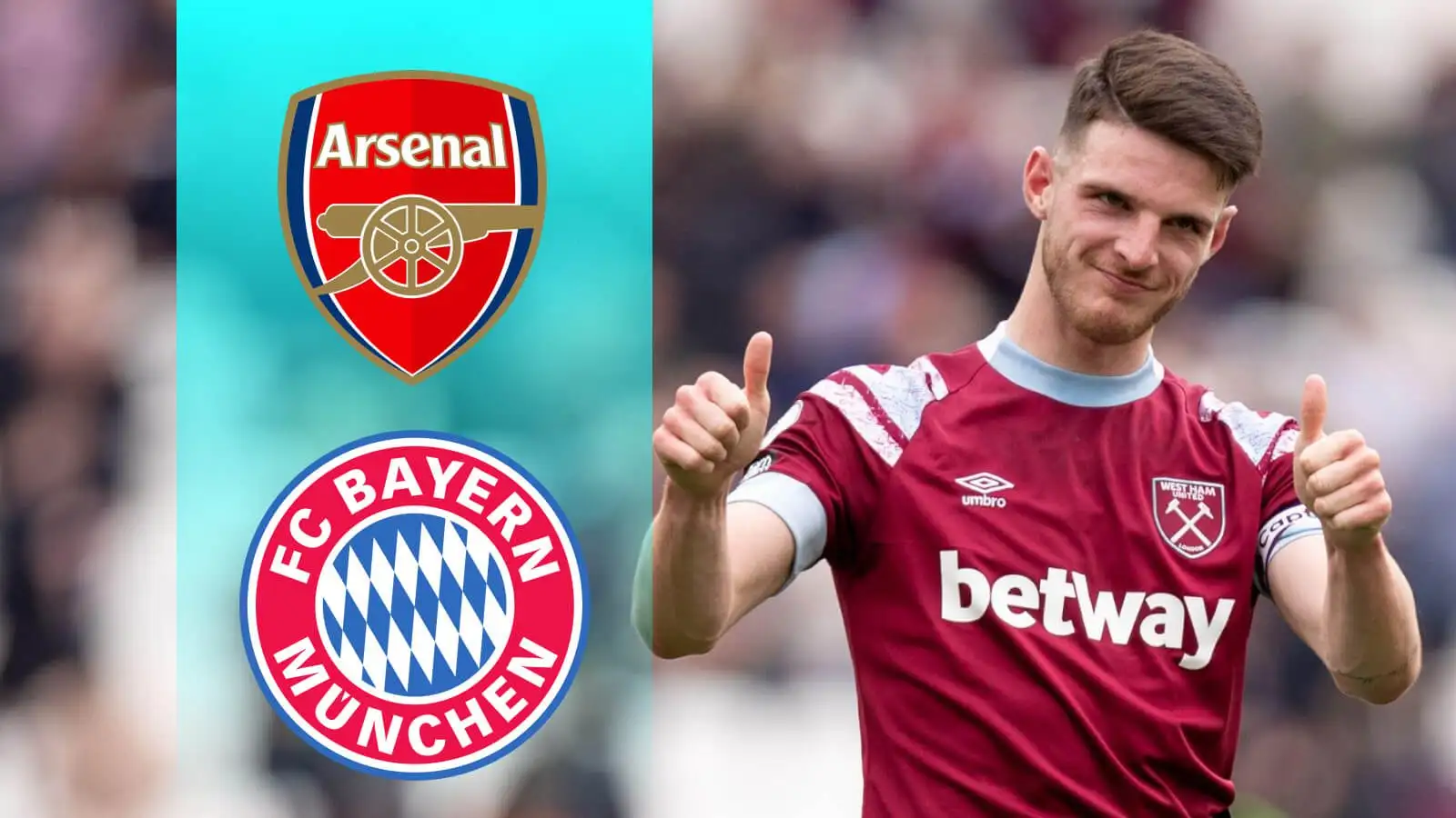 Declan Rice with the Arsenal and Bayern Munich badges