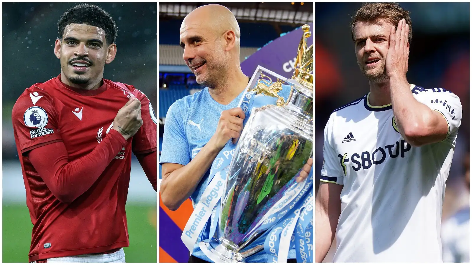 Nottingham Forest forward Morgan Gibbs-White, Manchester City manager Pep Guardiola, and Leeds striker Patrick Bamford.