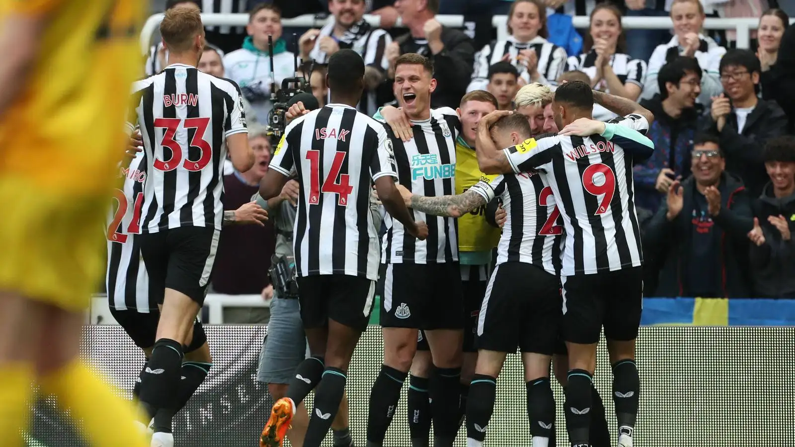 Newcastle players celebrate their goal against Brighton