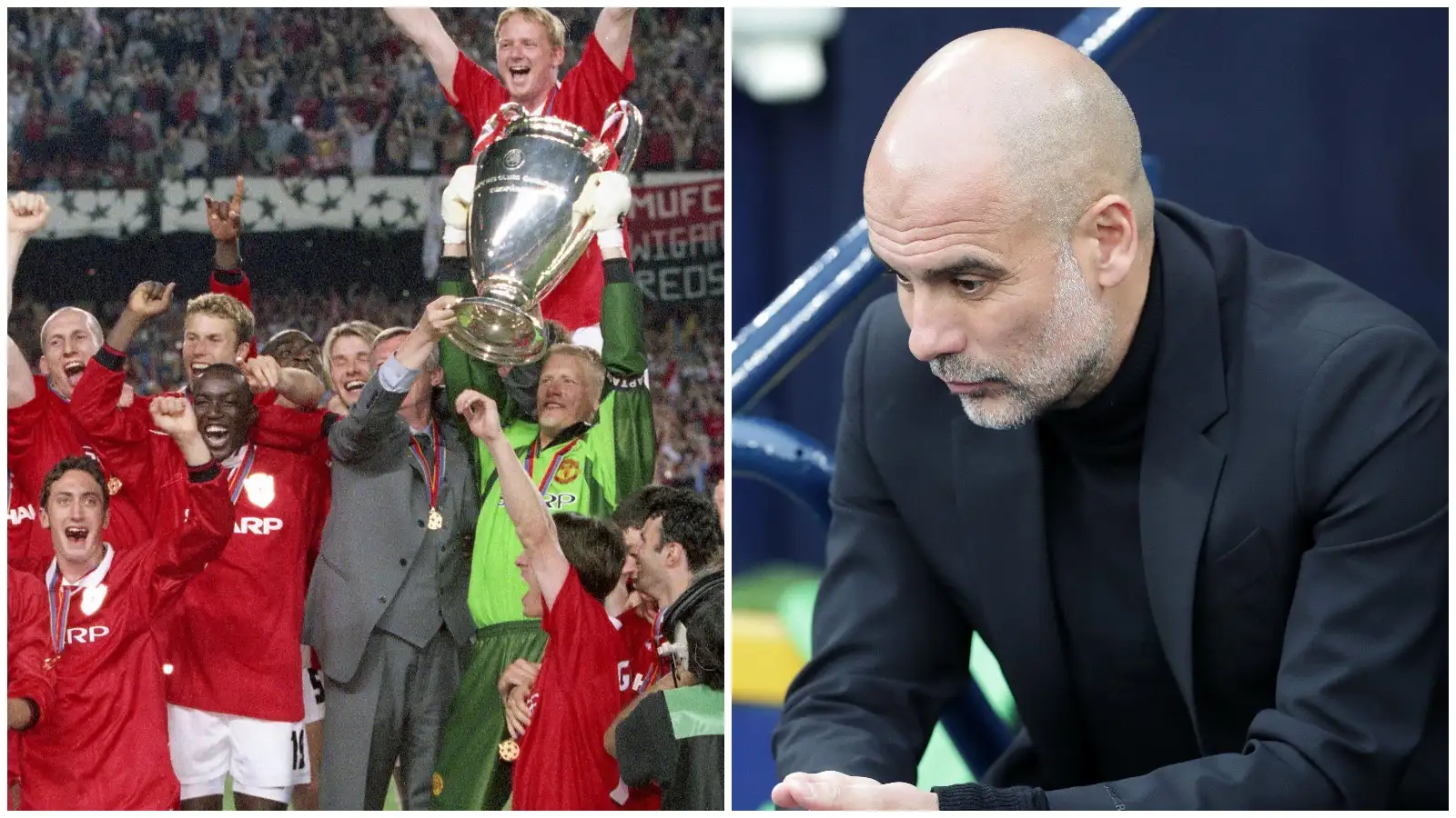 Manchester United lift the Champions League trophy in 1999 alongside an image of pensive Pep Guardiola.