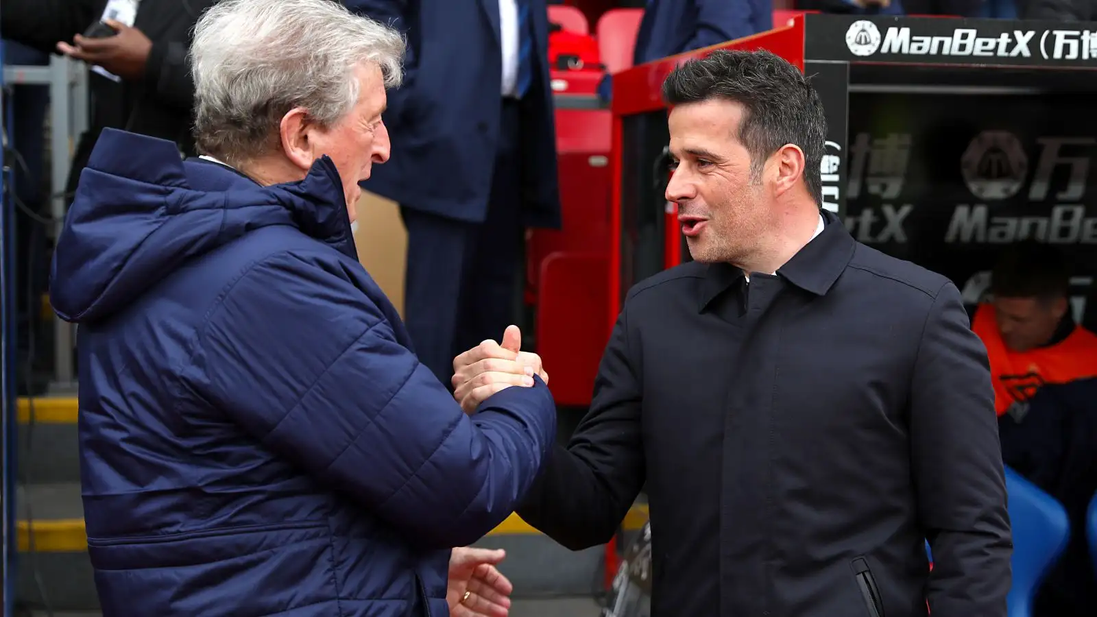 Fulham supervisor Marco Silva shakes hands wearing Crystal Palace supervisor Roy Hodgson in yesteryear a video game