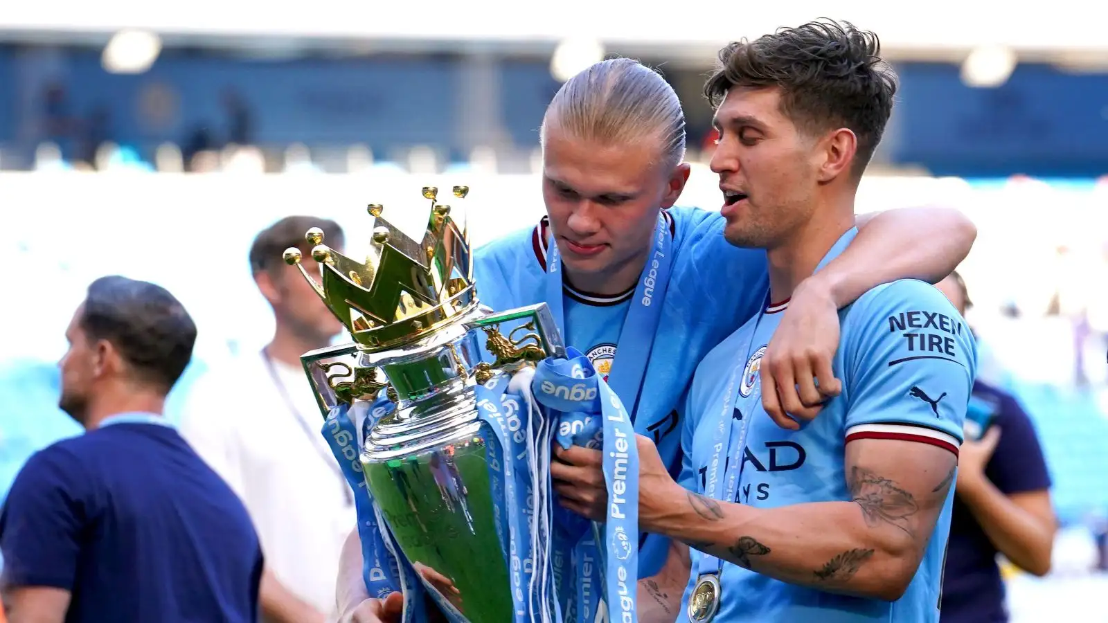 John Stones and Erling Haaland analyse the Premier League trophy