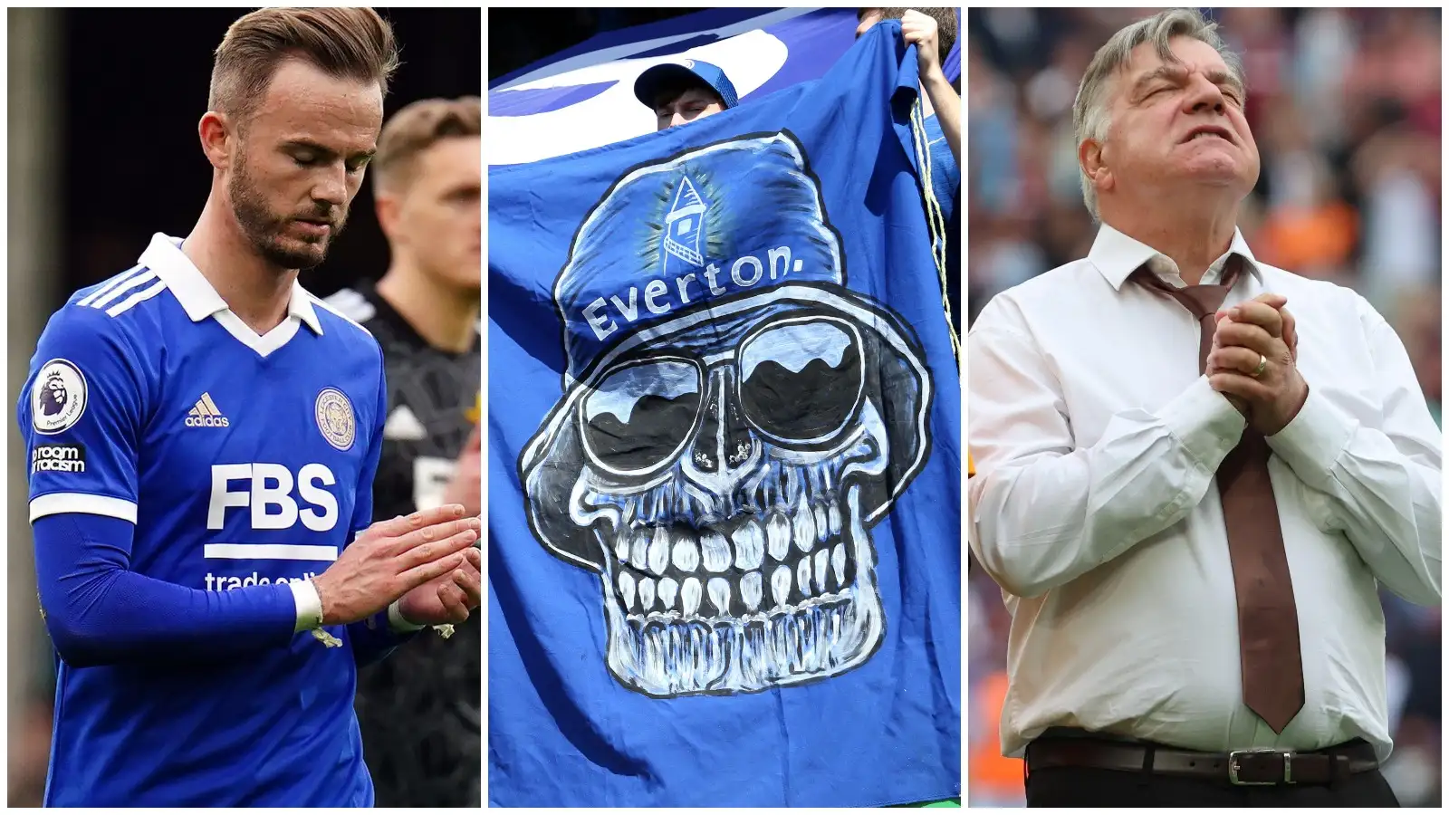 Leicester's James Maddison and Leeds boss Sam Allardyce either side of an image of an Everton fan holding a banner.