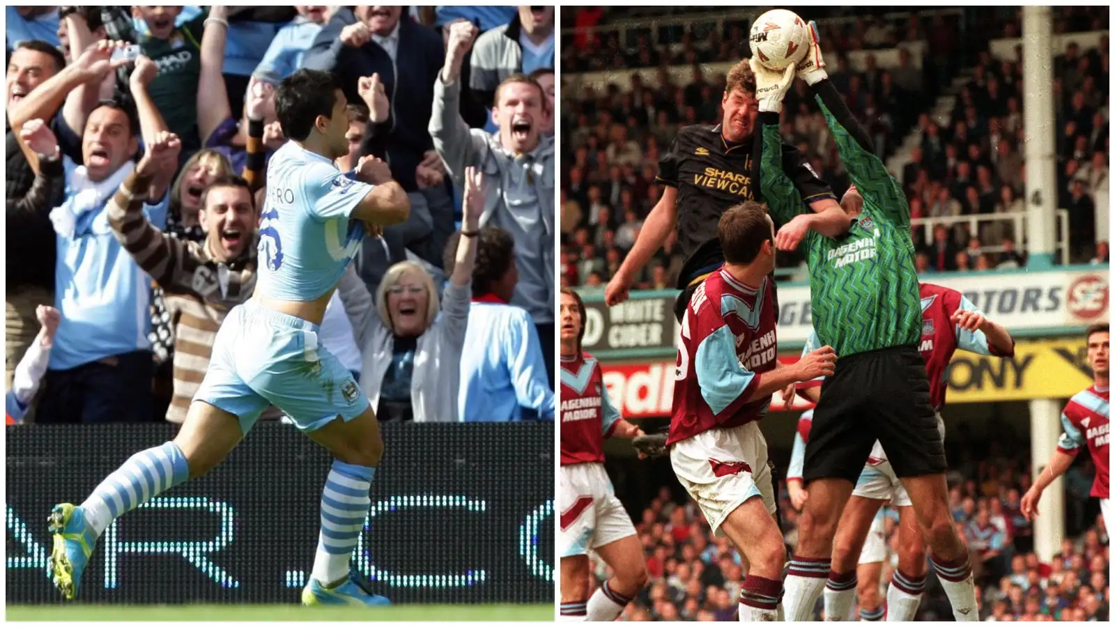 Sergio Aguero celebrates his title-winning goal and Ludek Miklosko saves against Manchester United