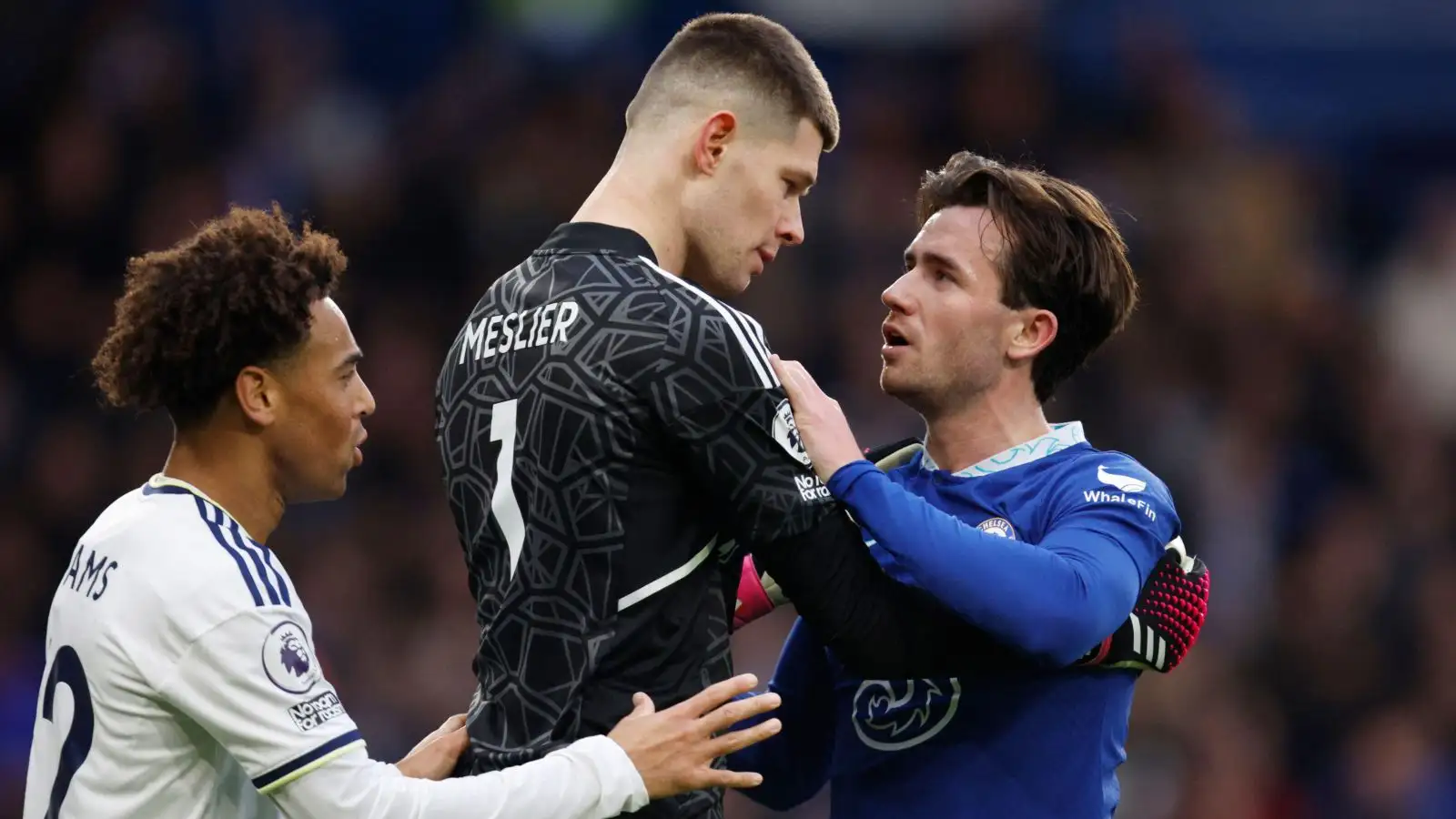 Reported Chelsea target Illan Meslier confronts Ben Chilwell