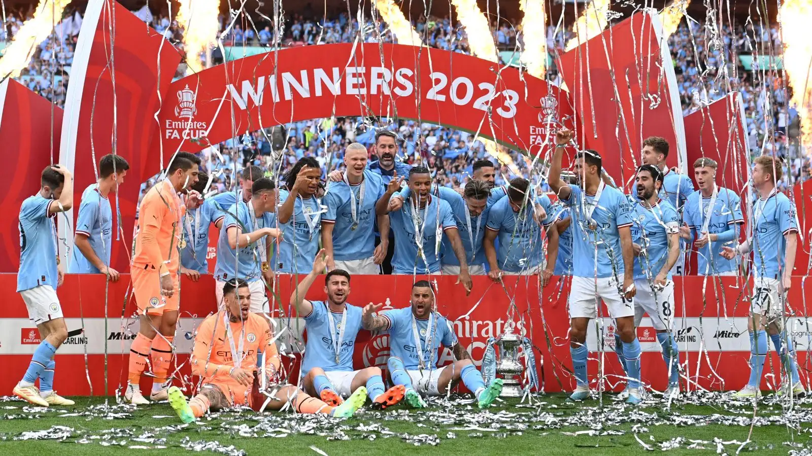 Manchester City celebrate winning the FA Cup after beating Man Utd