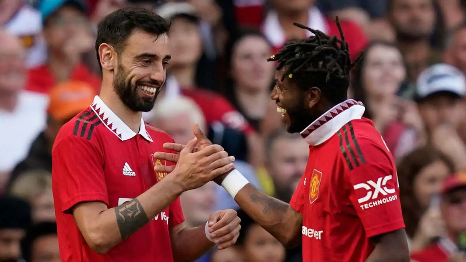 Bruno Fernandes of Manchester United celebrates scoring their second goal with Fred of Manchester United during the Premier League match at Old Trafford, Manchester.