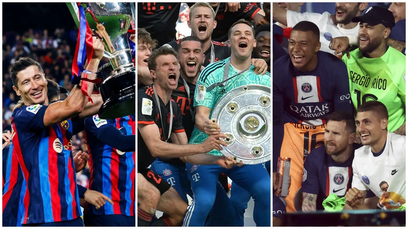 Barcelona, PSG and Bayern Munich all celebrate after being presented with their league title trophies.